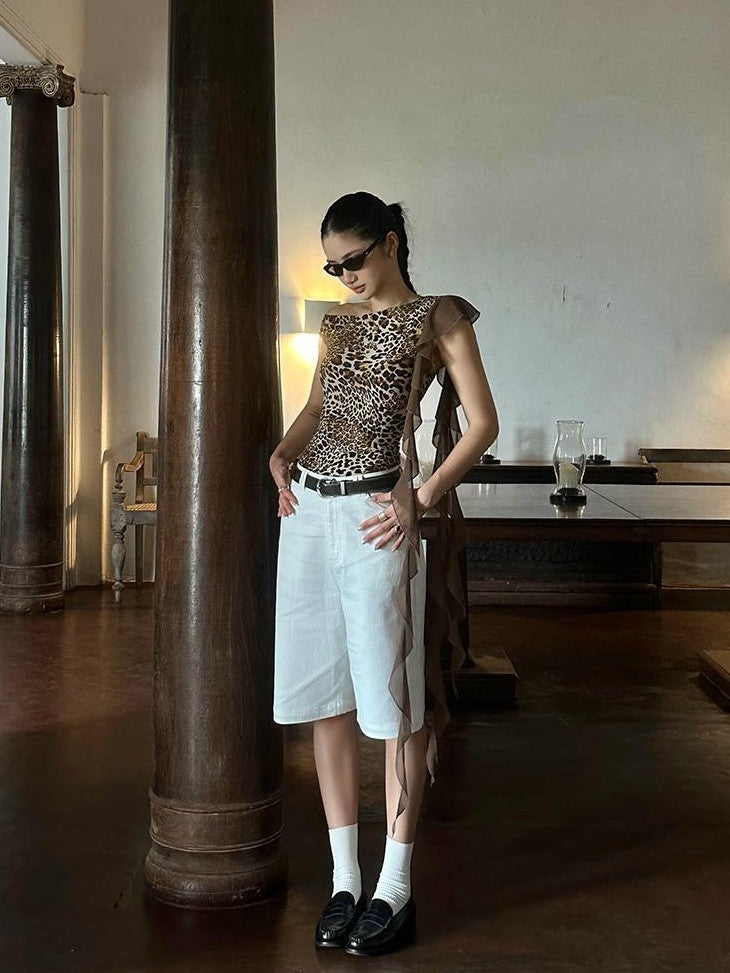 rovente Leopard Print Ribbon Slim Fit Women's Polyester Off-shoulder T-shirts