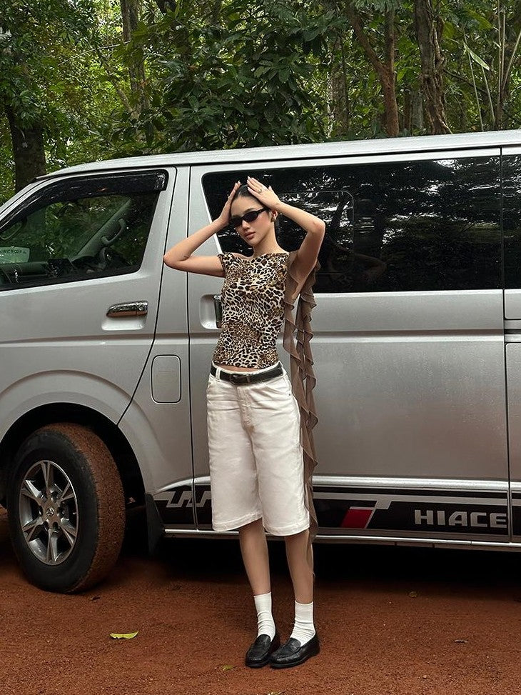 rovente Leopard Print Ribbon Slim Fit Women's Polyester Off-shoulder T-shirts