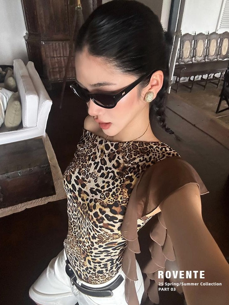 rovente Leopard Print Ribbon Slim Fit Women's Polyester Off-shoulder T-shirts