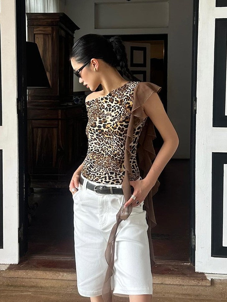 rovente Leopard Print Ribbon Slim Fit Women's Polyester Off-shoulder T-shirts