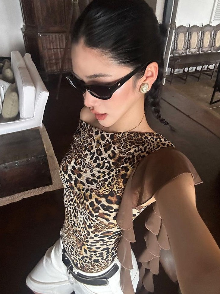 rovente Leopard Print Ribbon Slim Fit Women's Polyester Off-shoulder T-shirts