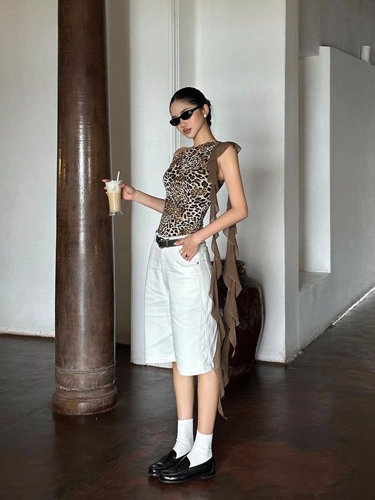 rovente Leopard Print Ribbon Slim Fit Women's Polyester Off-shoulder T-shirts