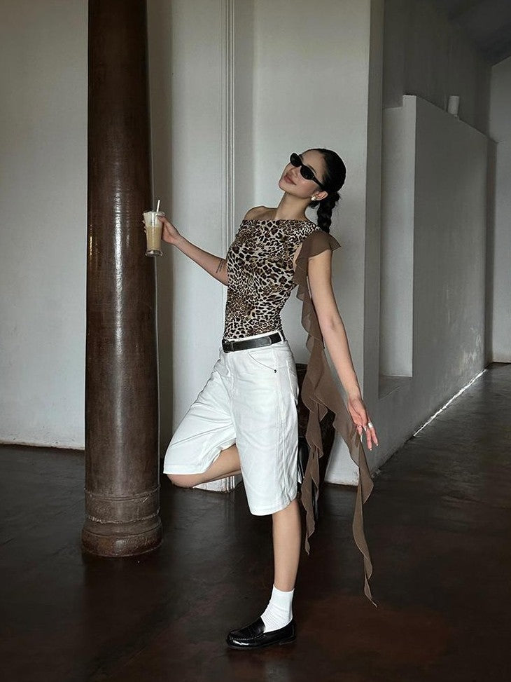 rovente Leopard Print Ribbon Slim Fit Women's Polyester Off-shoulder T-shirts