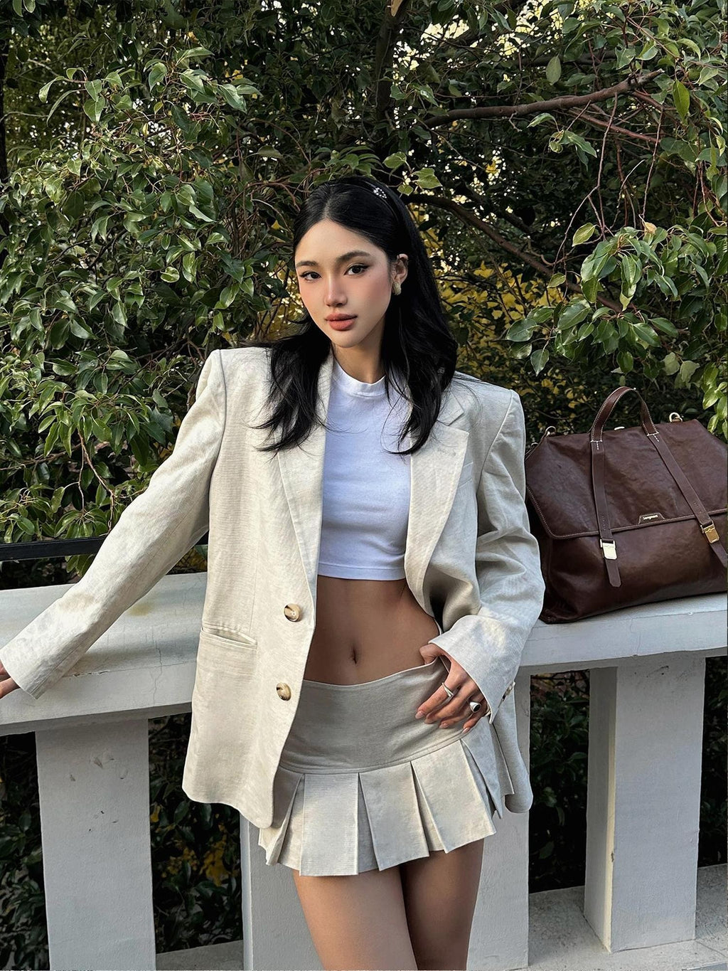 rovente Light Beige Notch Lapel Padded Shoulders Single Button Loose Fit Women's Blazers