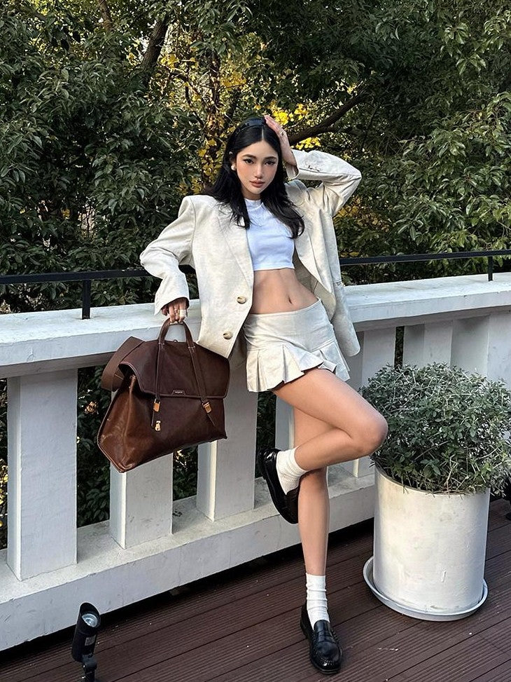 rovente Light Beige Notch Lapel Padded Shoulders Single Button Loose Fit Women's Blazers
