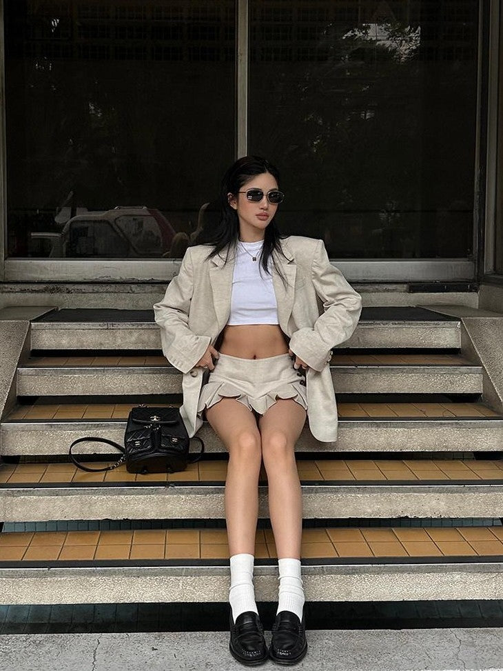 rovente Light Beige Notch Lapel Padded Shoulders Single Button Loose Fit Women's Blazers