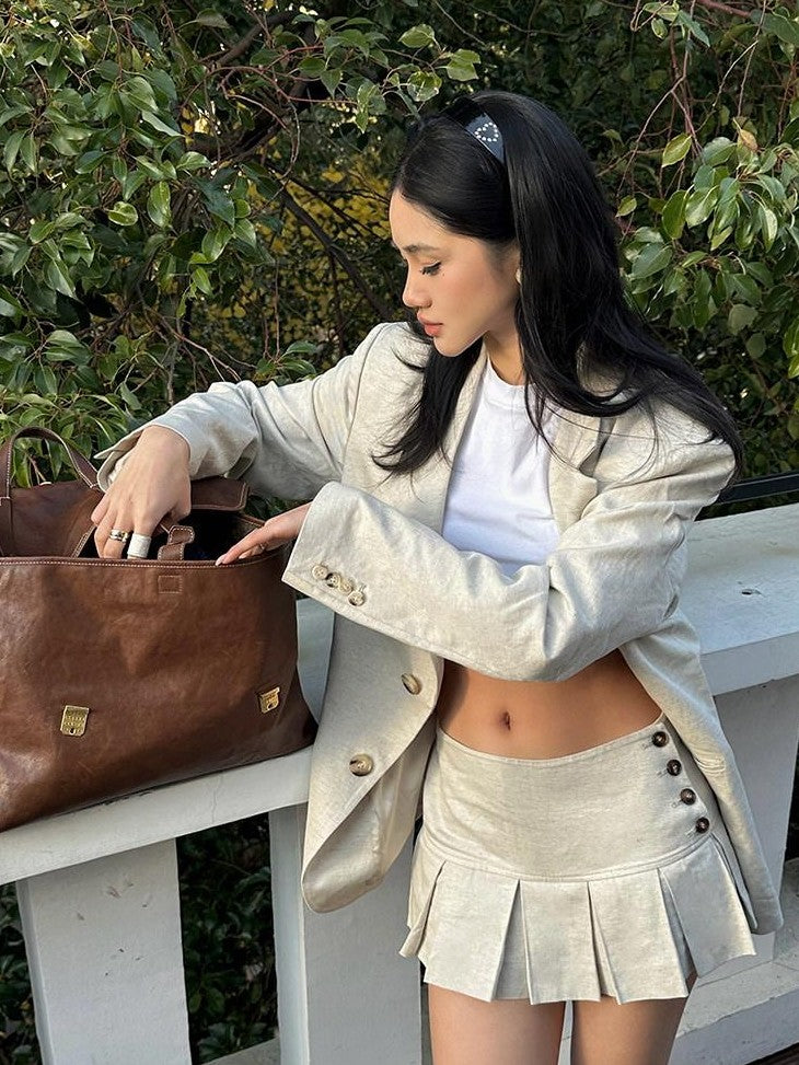 rovente Light Beige Notch Lapel Padded Shoulders Single Button Loose Fit Women's Blazers