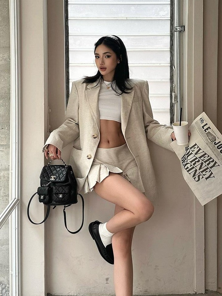 rovente Light Beige Notch Lapel Padded Shoulders Single Button Loose Fit Women's Blazers