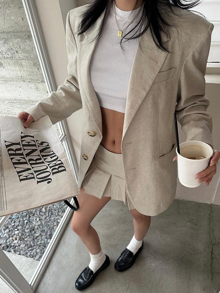 rovente Light Beige Notch Lapel Padded Shoulders Single Button Loose Fit Women's Blazers