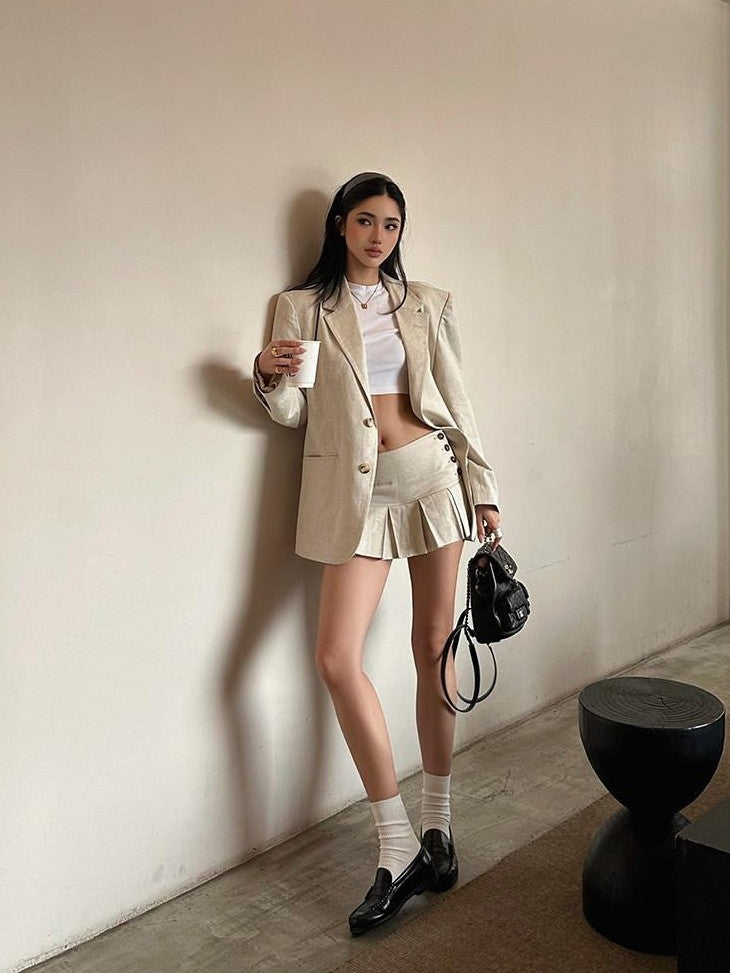 rovente Light Beige Notch Lapel Padded Shoulders Single Button Loose Fit Women's Blazers