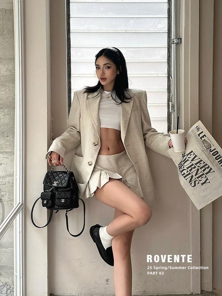 rovente Light Beige Notch Lapel Padded Shoulders Single Button Loose Fit Women's Blazers