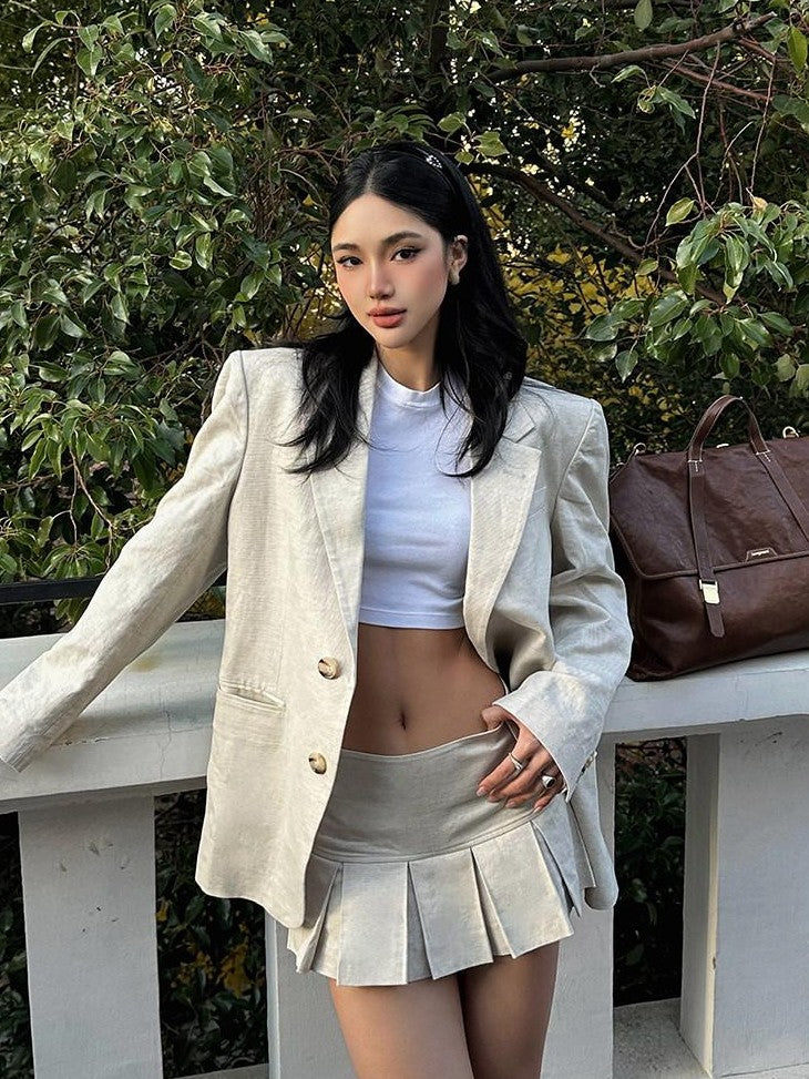 rovente Light Beige Notch Lapel Padded Shoulders Single Button Loose Fit Women's Blazers