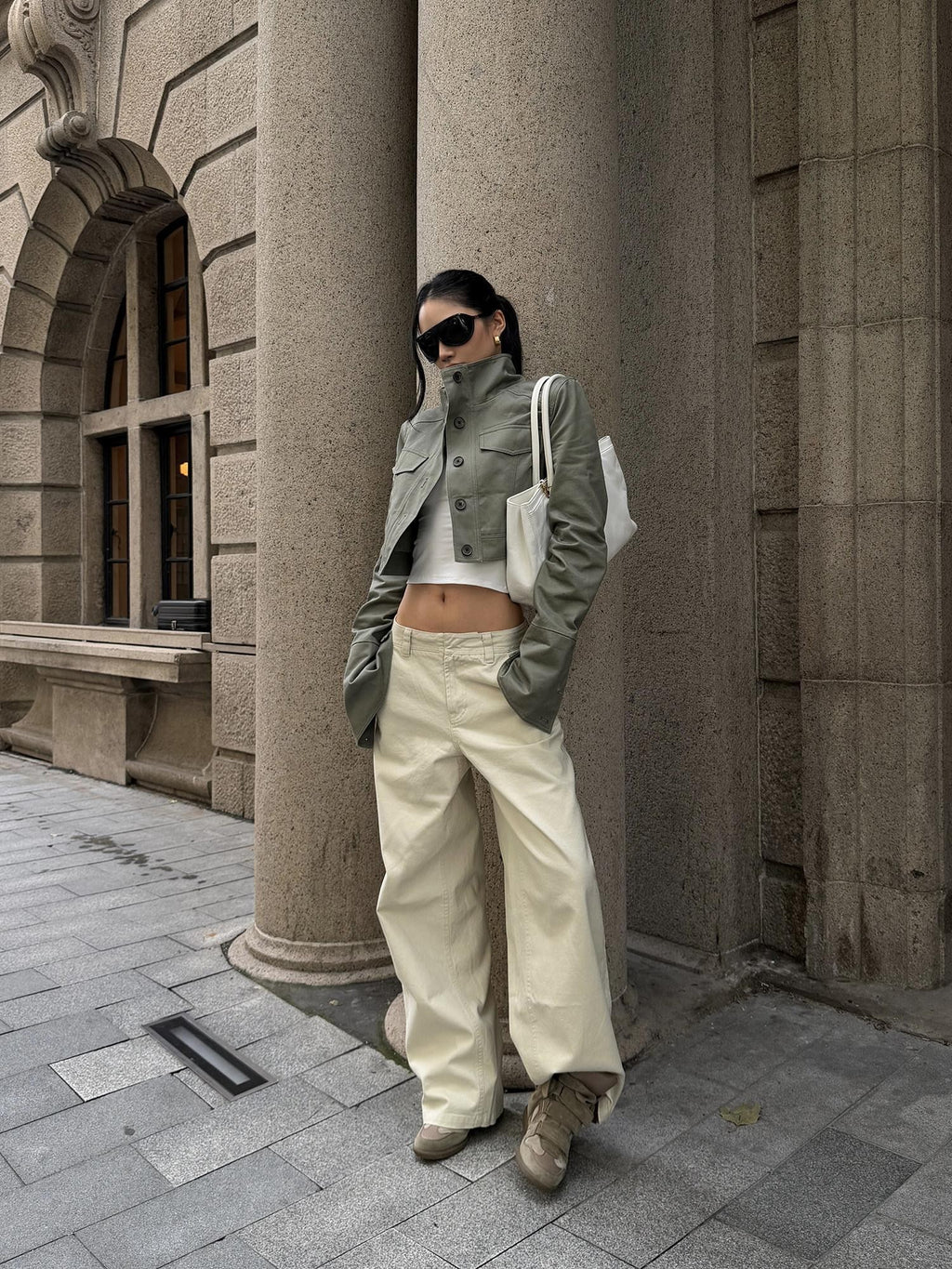 rovente Light Gray Stand Collar Cropped Loose Vintage Slimming Women's Utility Jackets
