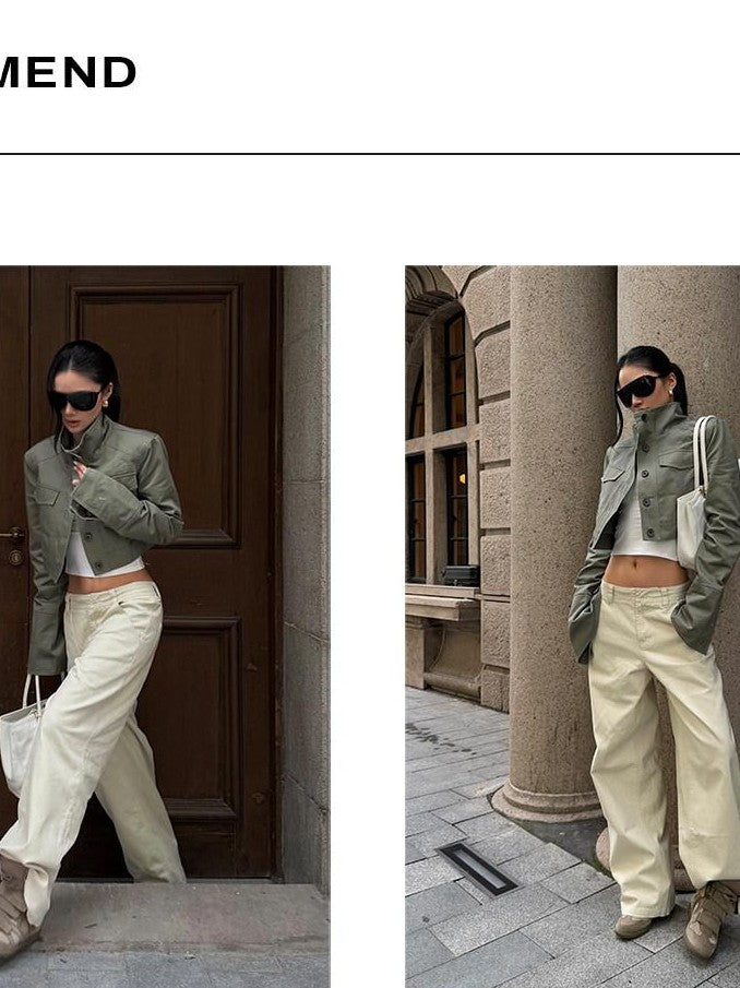 rovente Light Gray Stand Collar Cropped Loose Vintage Slimming Women's Utility Jackets
