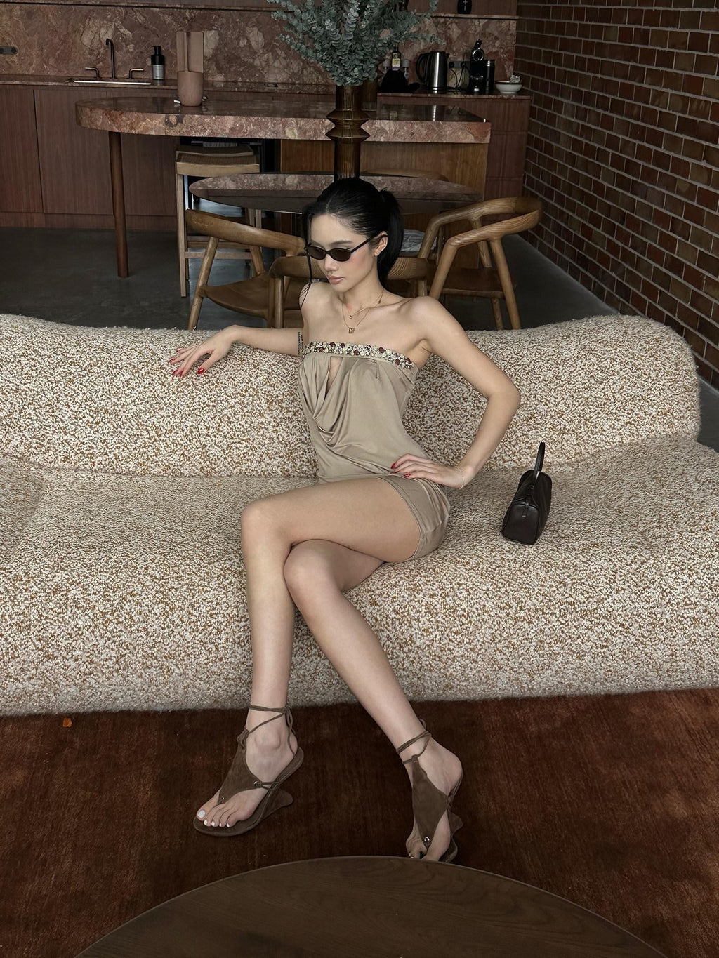 rovente Light Khaki 3d Embellished Strapless Plunge Women's Bodycon Mini Dresses