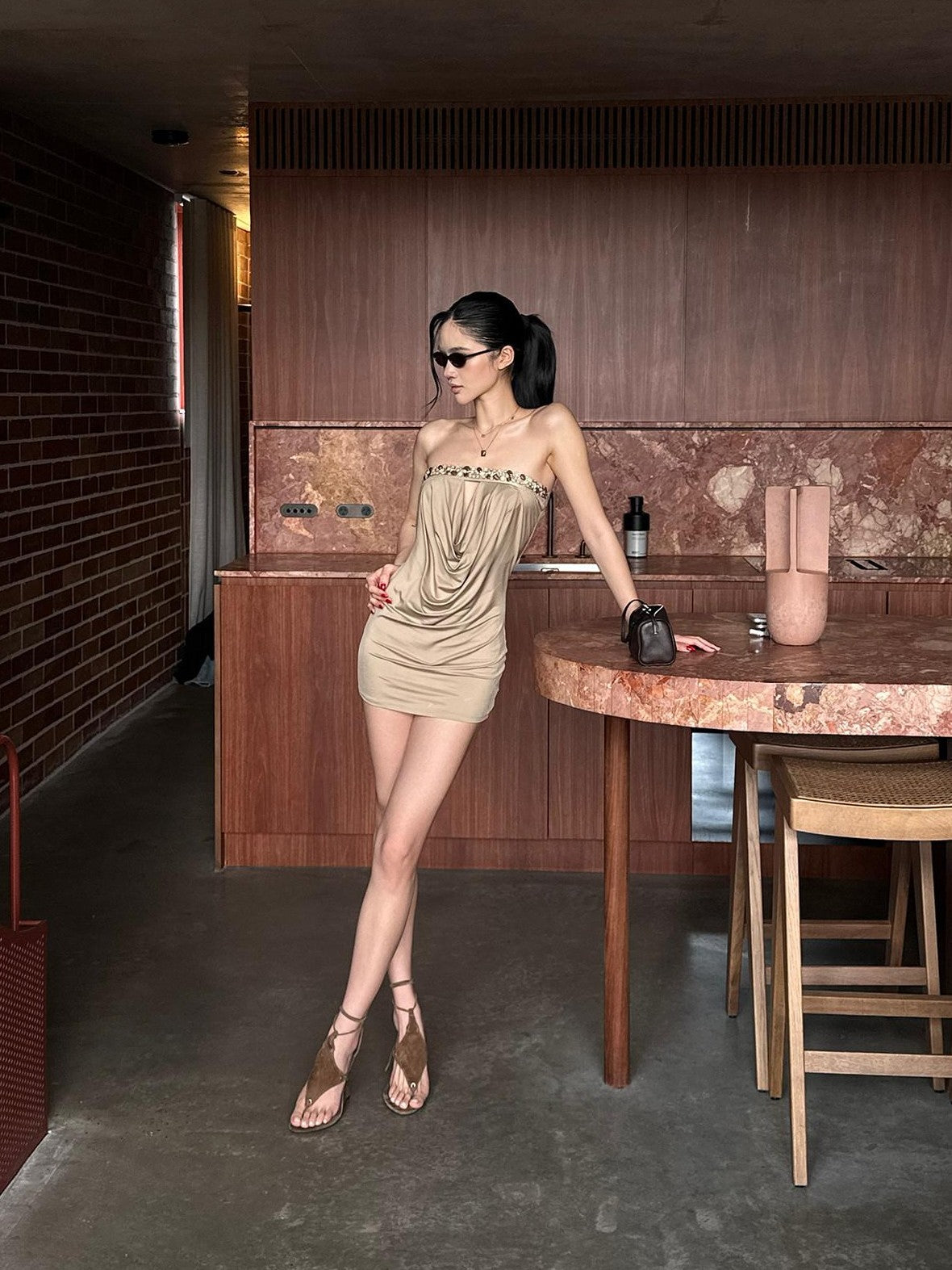 rovente Light Khaki 3d Embellished Strapless Plunge Women's Bodycon Mini Dresses