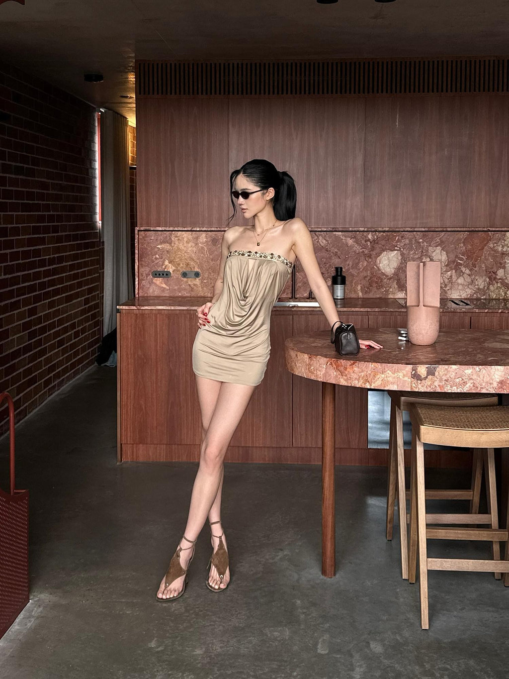 rovente Light Khaki 3d Embellished Strapless Plunge Women's Bodycon Mini Dresses