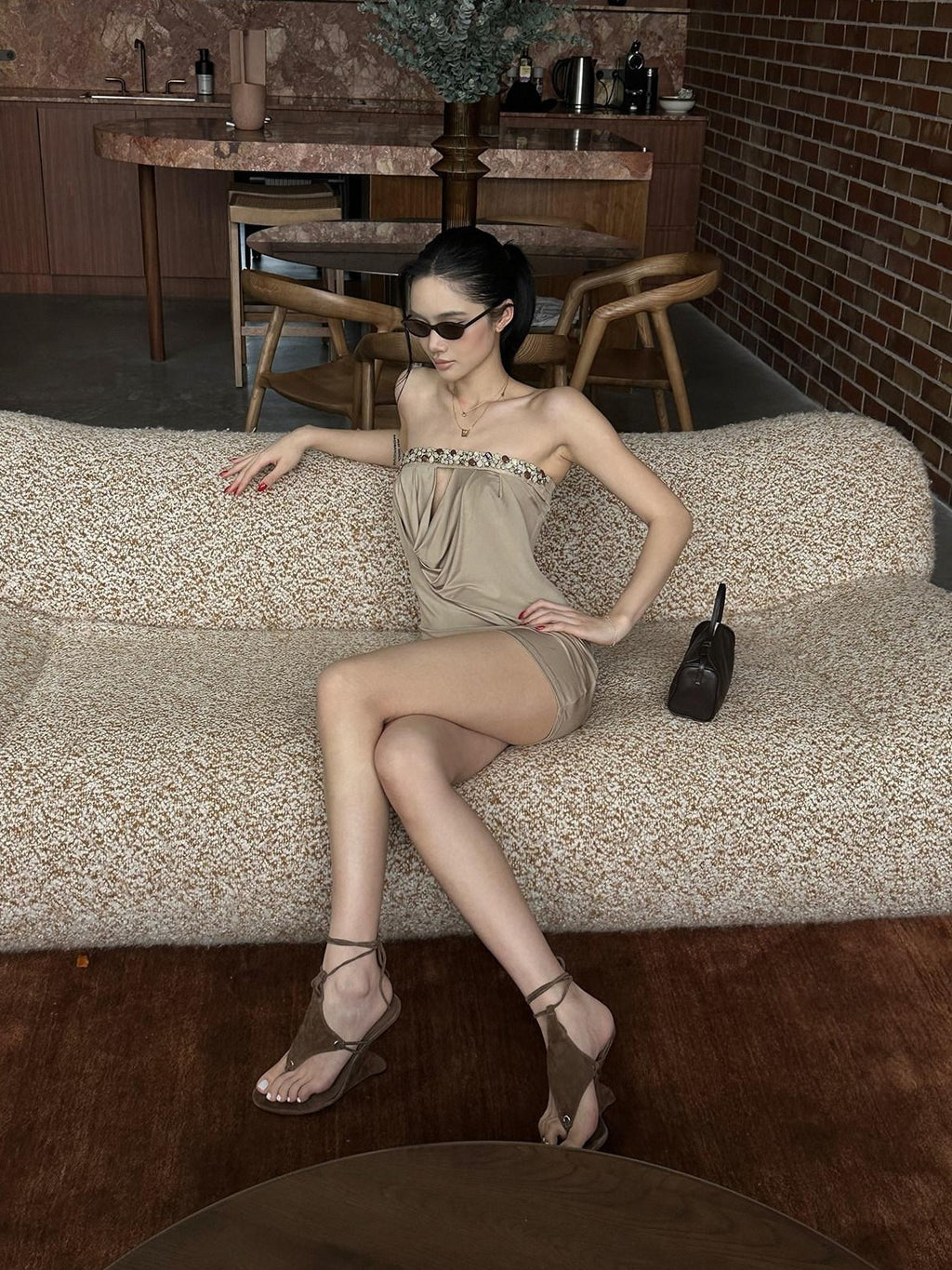 rovente Light Khaki 3d Embellished Strapless Plunge Women's Bodycon Mini Dresses