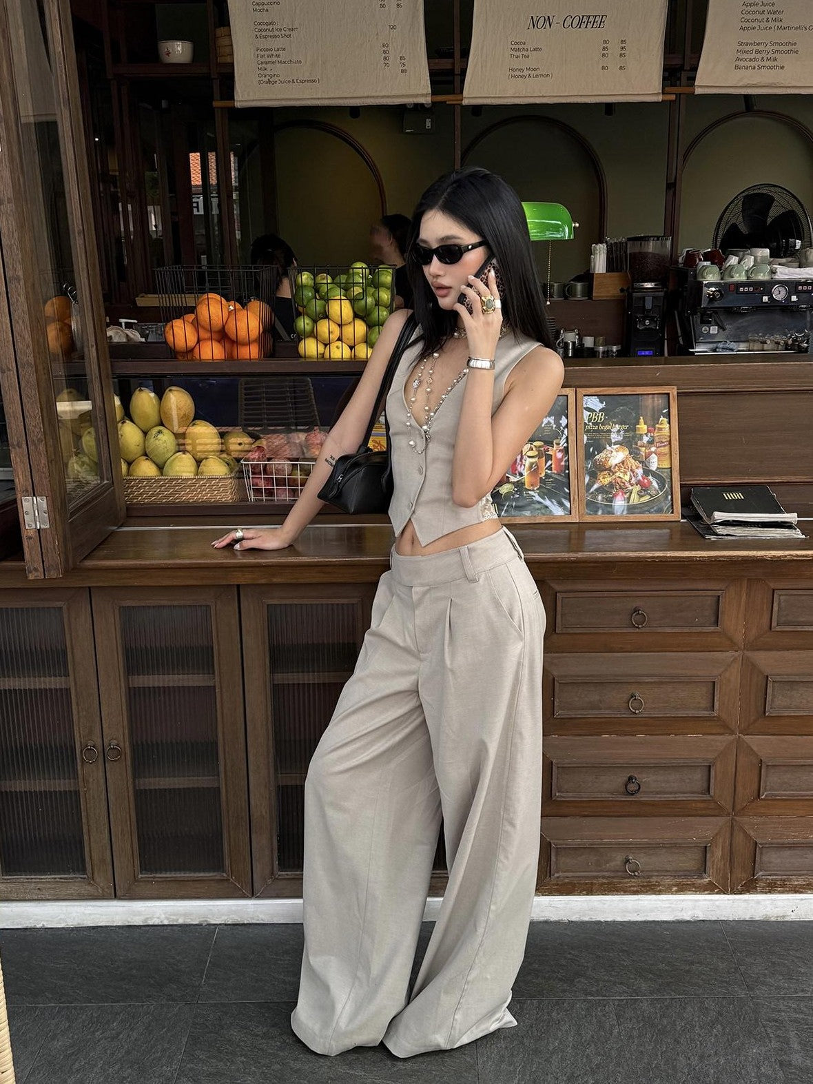 rovente Light Khaki Drapey Floor Length Slimming Loose Women's Wool Blend Wide-leg Pants