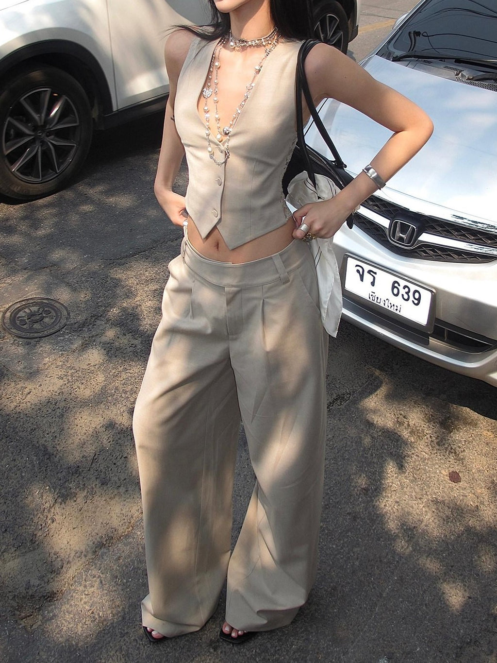 rovente Light Khaki Drapey Floor Length Slimming Loose Women's Wool Blend Wide-leg Pants