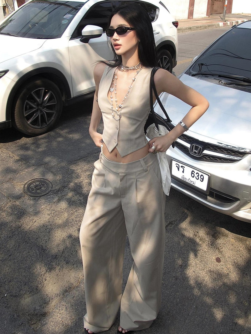 rovente Light Khaki Drapey Floor Length Slimming Loose Women's Wool Blend Wide-leg Pants