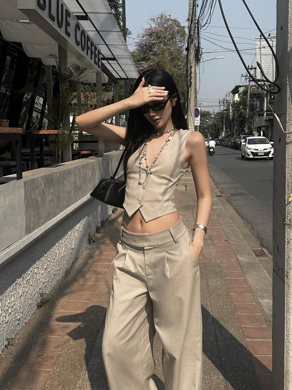 rovente Light Khaki Drapey Floor Length Slimming Loose Women's Wool Blend Wide-leg Pants