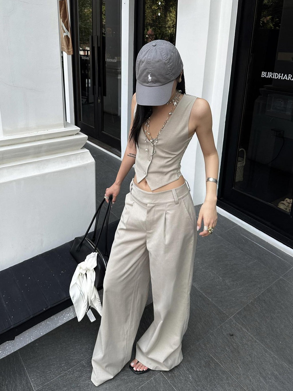 rovente Light Khaki Drapey Floor Length Slimming Loose Women's Wool Blend Wide-leg Pants