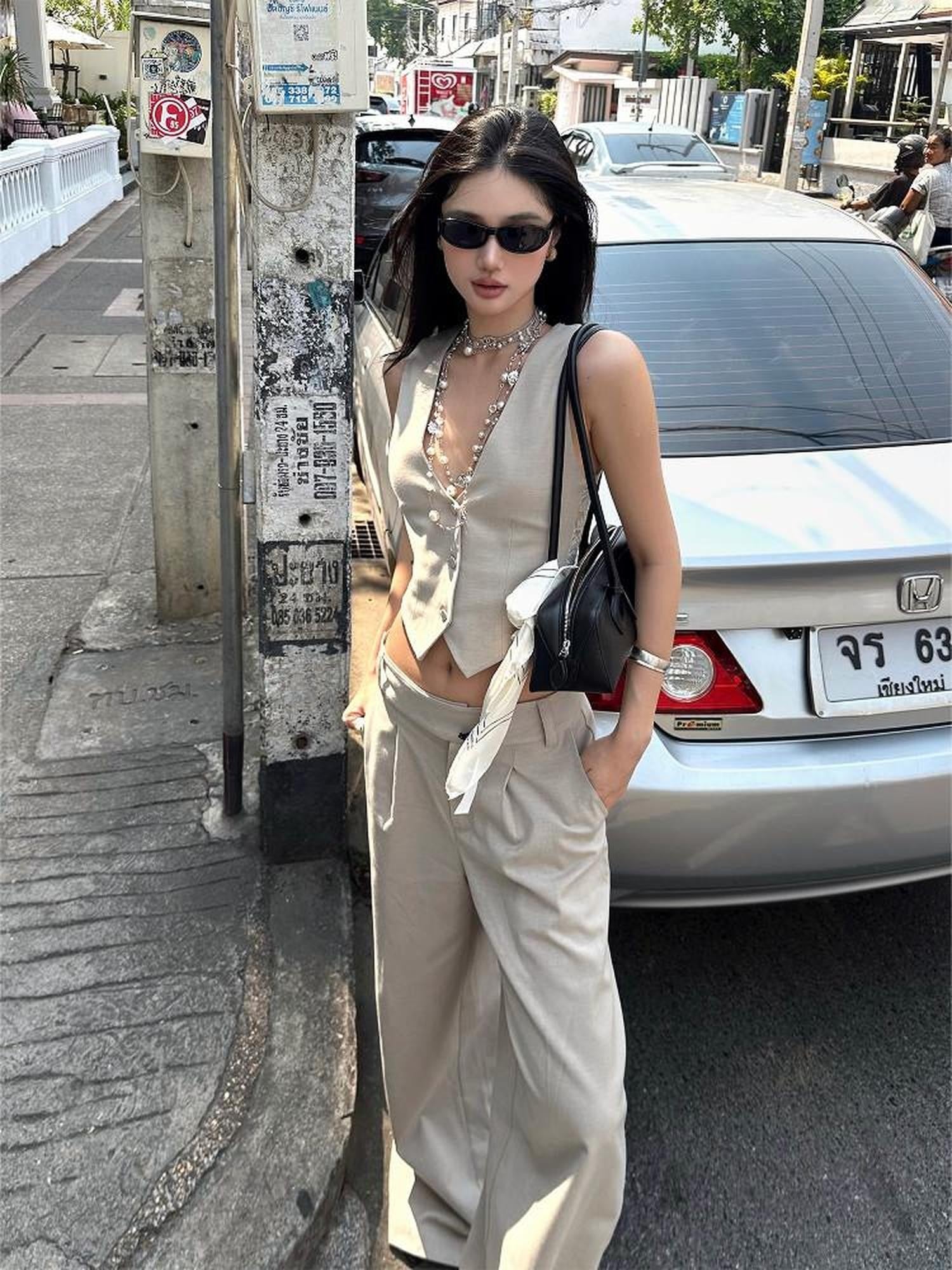 rovente Light Khaki Drapey Floor Length Slimming Loose Women's Wool Blend Wide-leg Pants