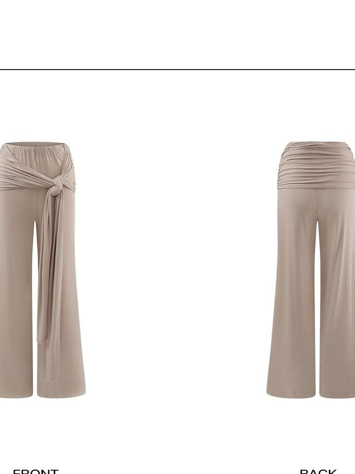 rovente Light Khaki Tie Waist Drawstring Elastic Knit Women's Lyocell Wide-leg Pants