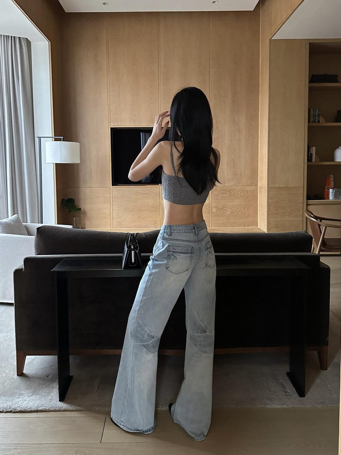 rovente Light Wash Vintage Pocket Natural Waist Women's Cotton Wide-leg Jeans