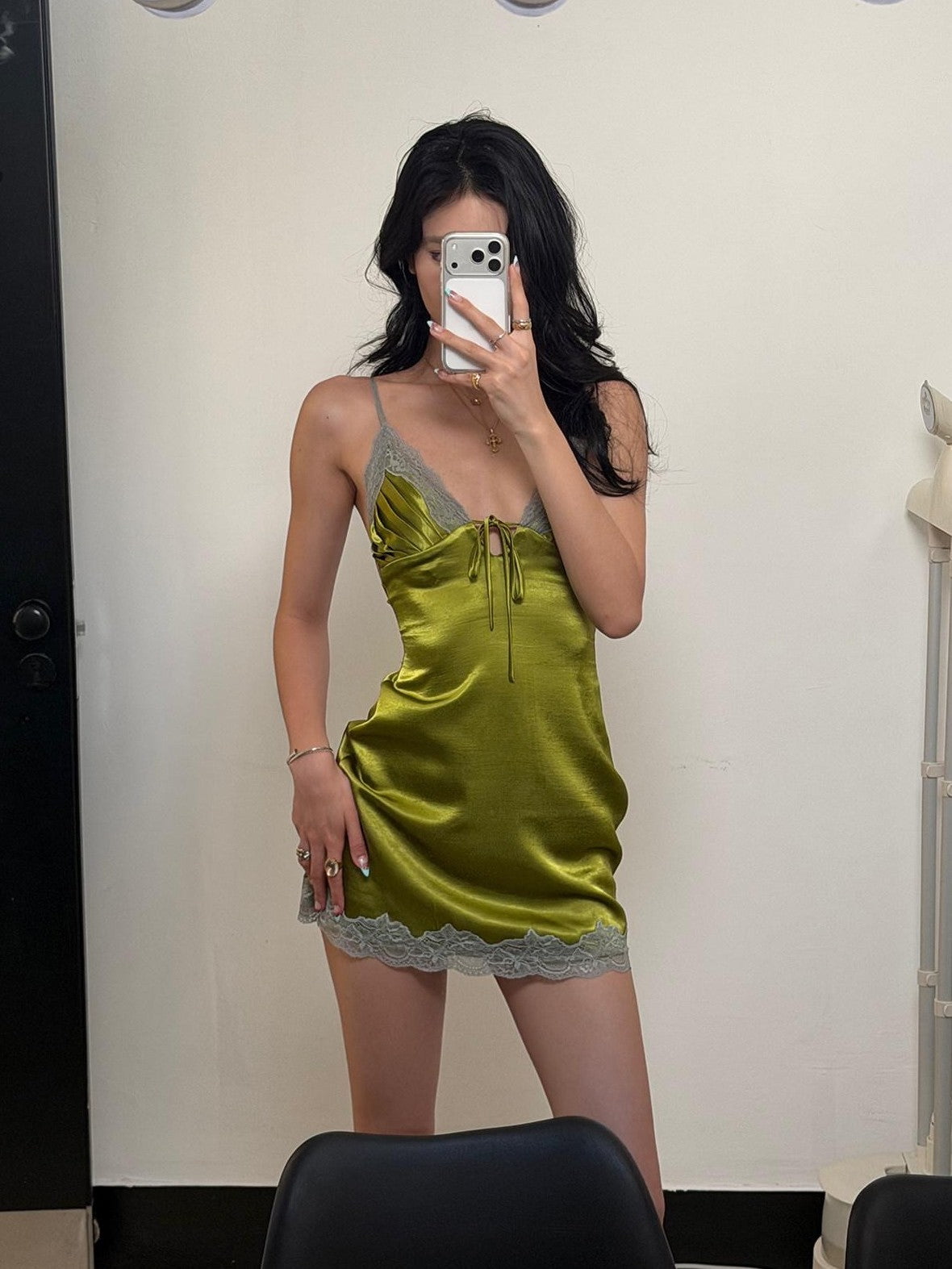 rovente Lime Green Deep V-neck Spaghetti Strap Lace Trim Women's Slip Mini Dresses