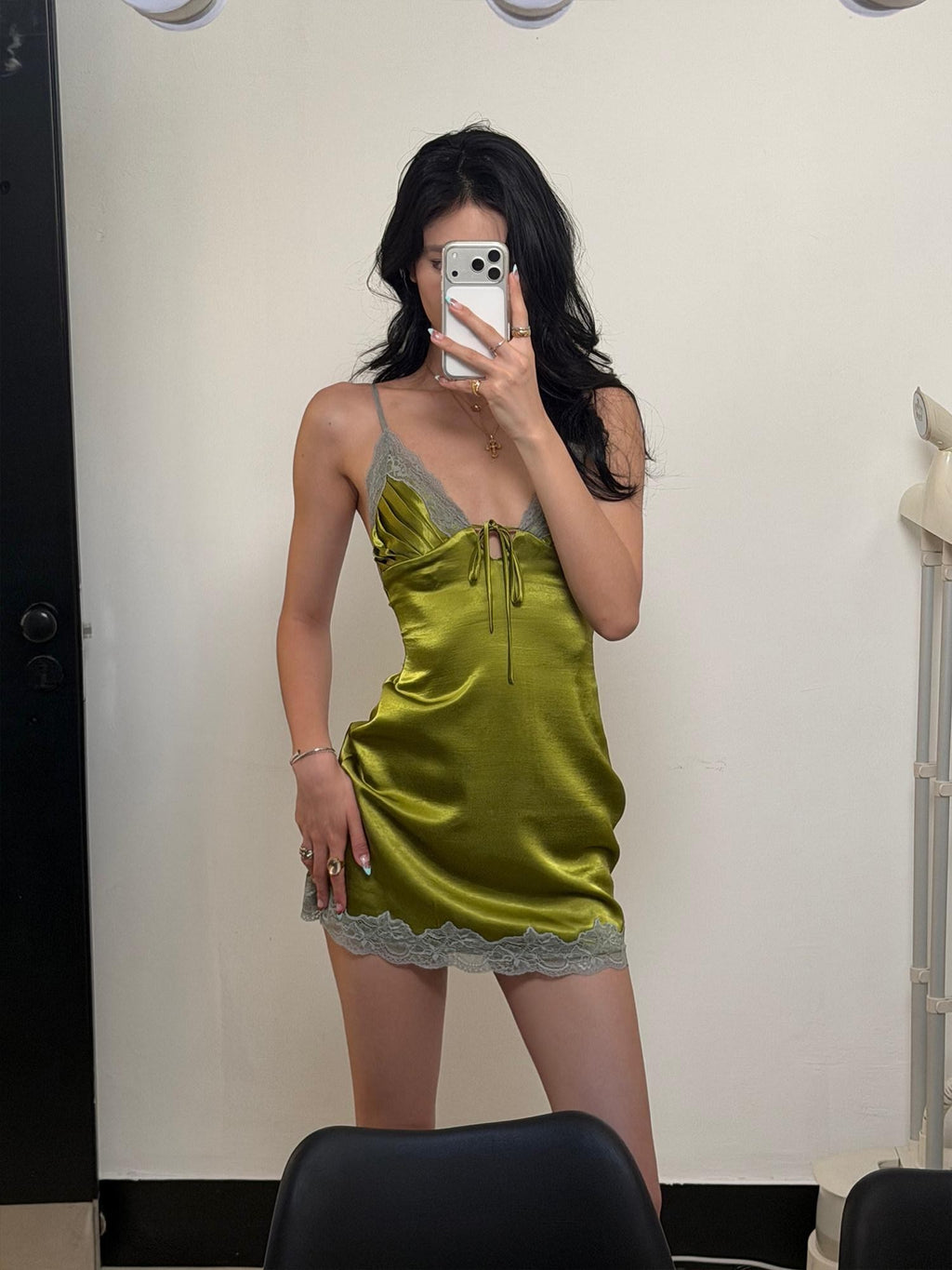 rovente Lime Green Deep V-neck Spaghetti Strap Lace Trim Women's Slip Mini Dresses
