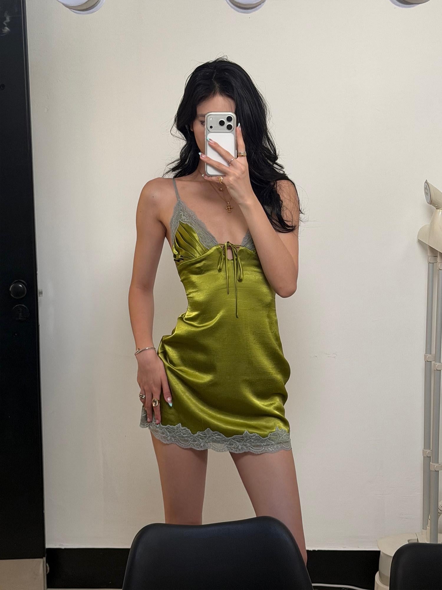 rovente Lime Green Deep V-neck Spaghetti Strap Lace Trim Women's Slip Mini Dresses