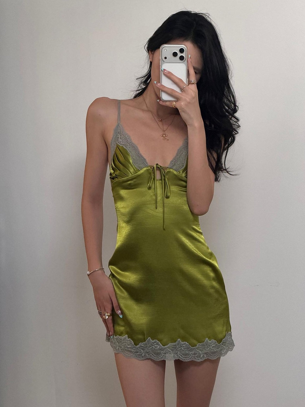 rovente Lime Green Deep V-neck Spaghetti Strap Lace Trim Women's Slip Mini Dresses