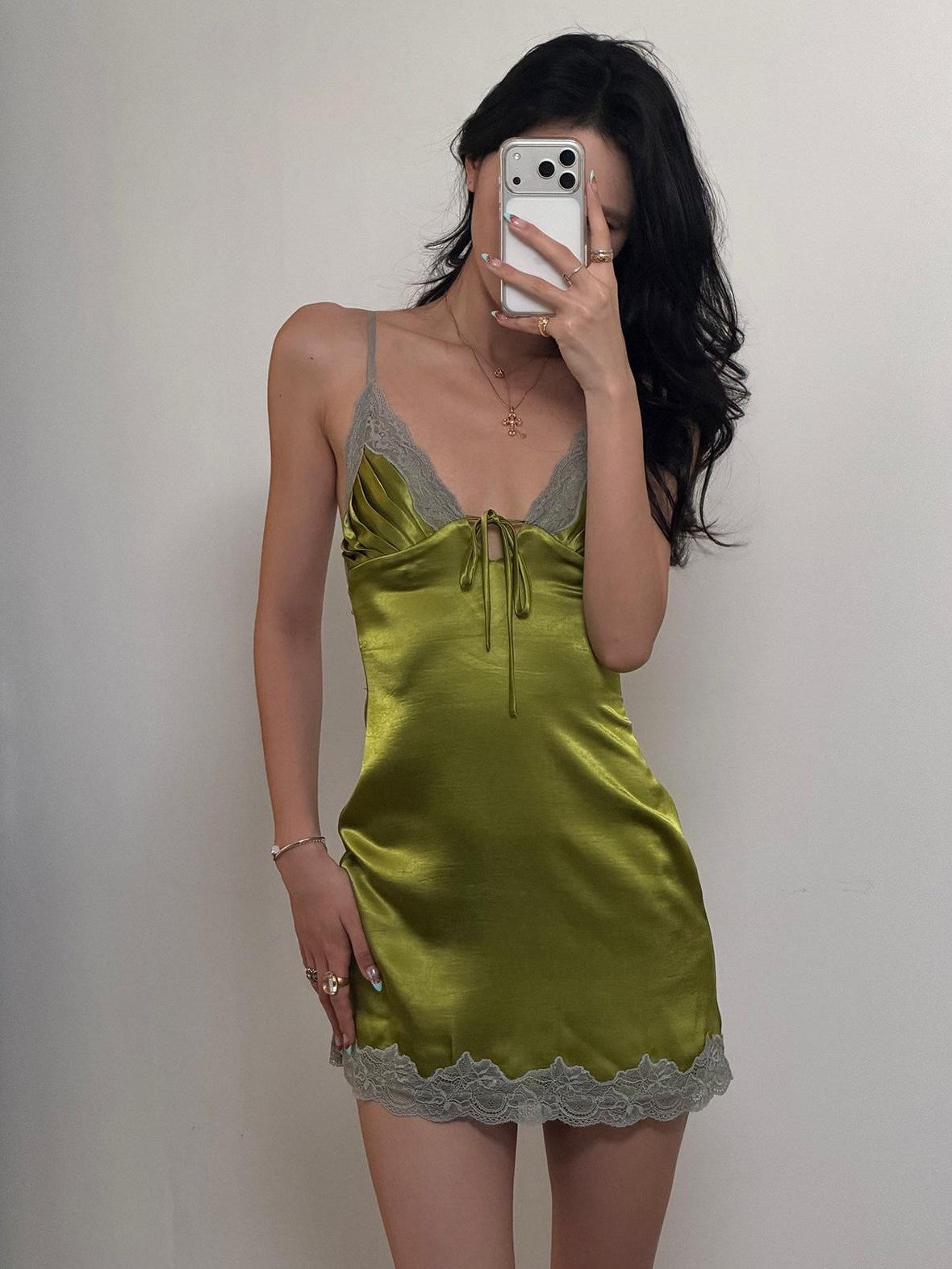rovente Lime Green Deep V-neck Spaghetti Strap Lace Trim Women's Slip Mini Dresses