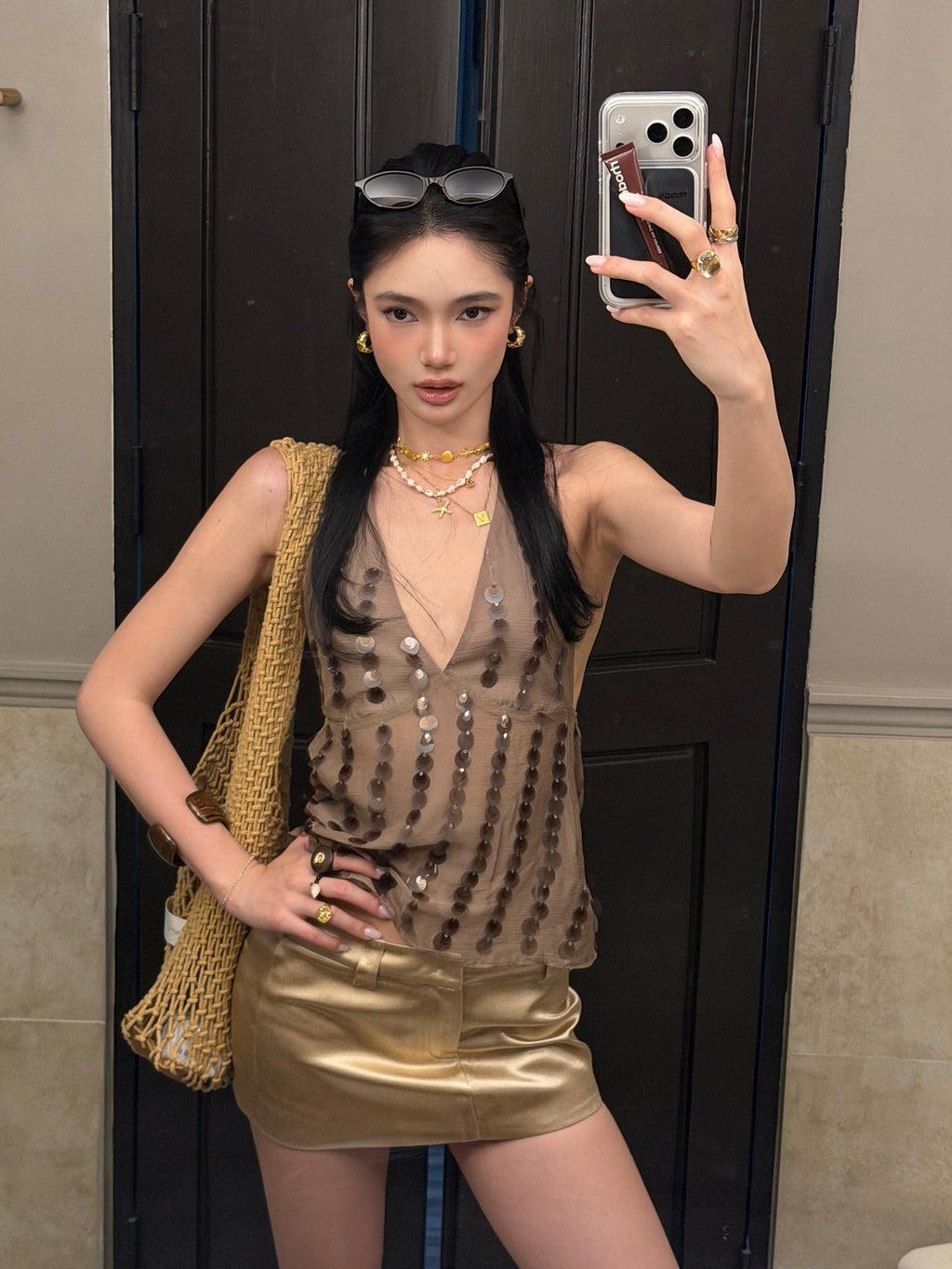 rovente Liquid Gold Metallic Slim Hip Hugging Bodycon Women's Mini Skirts