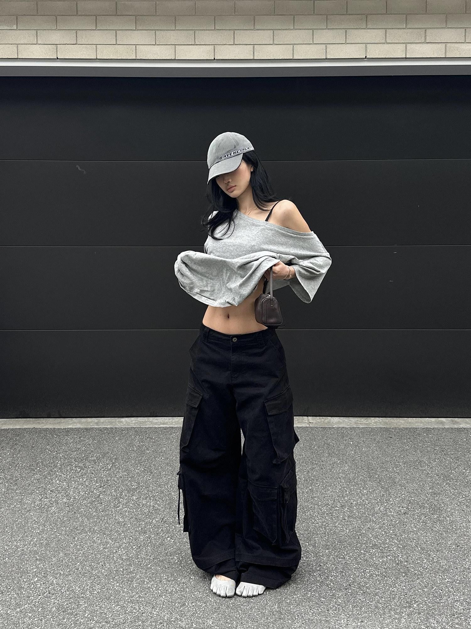 rovente Long Leg Cool Black Workwear Wide Straight Pocket Zip Women's Cotton Cargo Pants