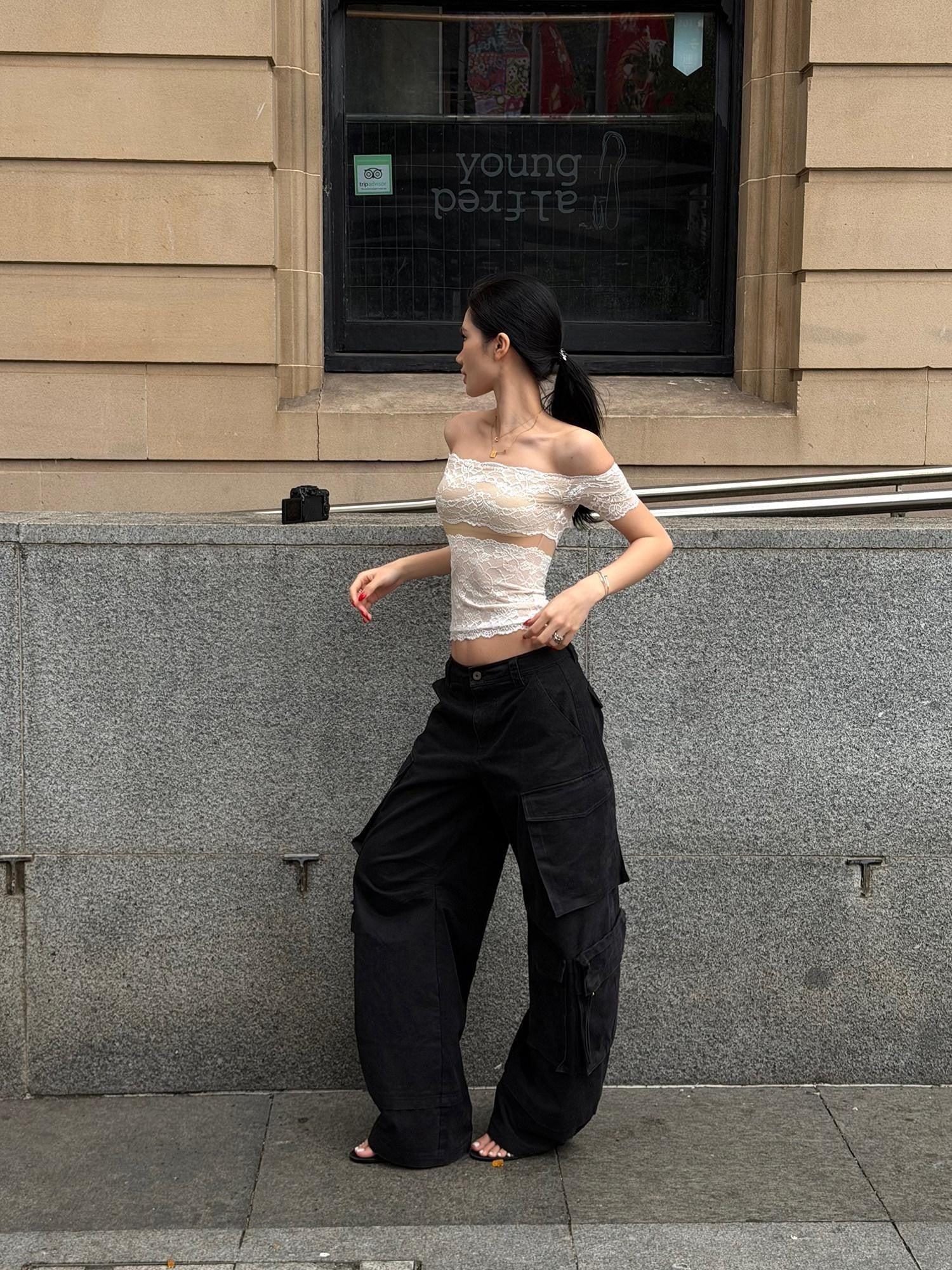 rovente Long Leg Cool Black Workwear Wide Straight Pocket Zip Women's Cotton Cargo Pants