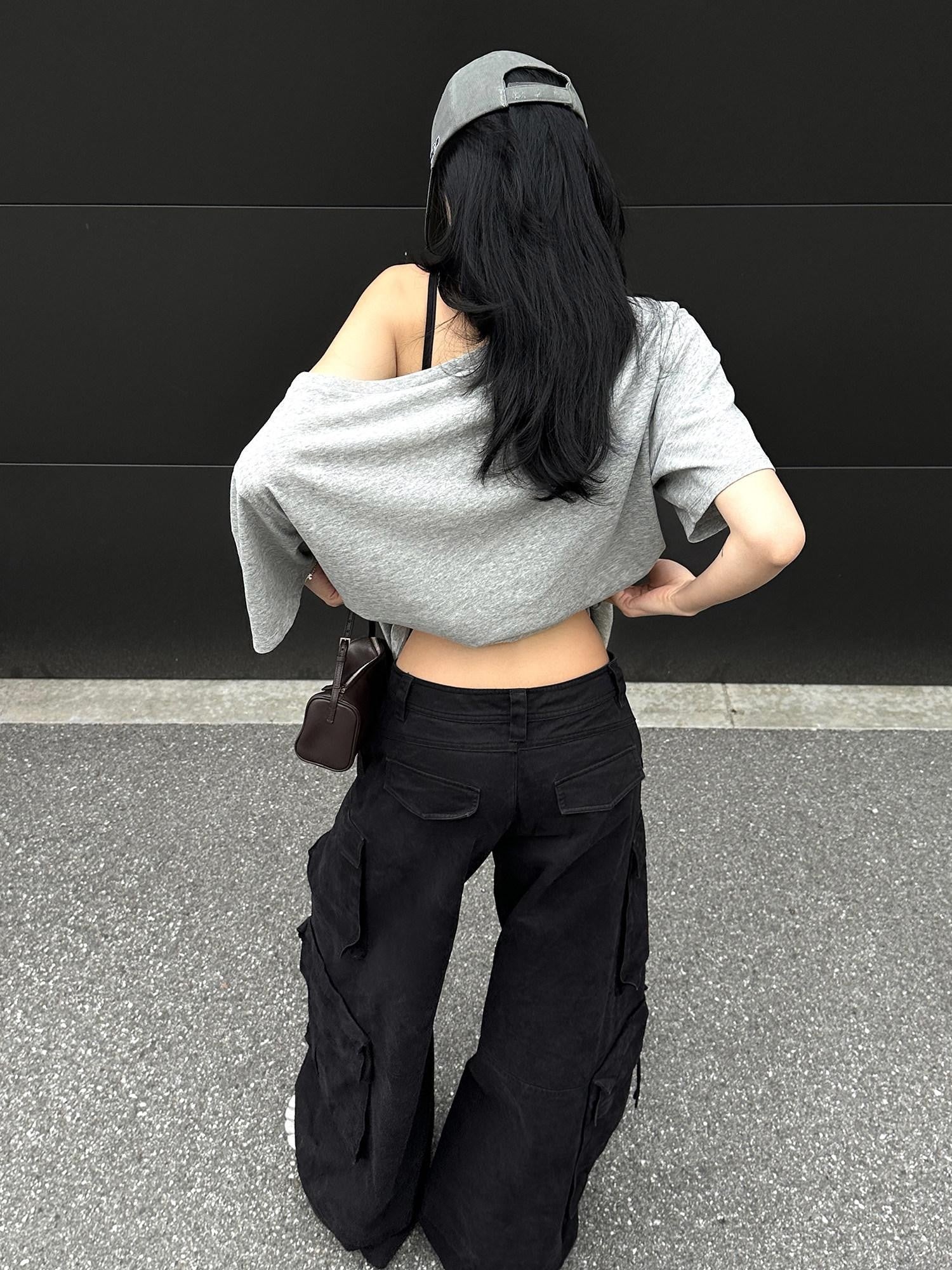 rovente Long Leg Cool Black Workwear Wide Straight Pocket Zip Women's Cotton Cargo Pants