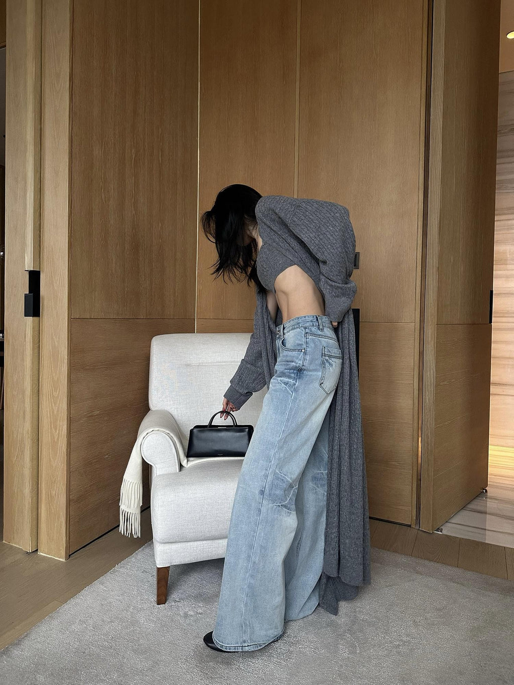 rovente Longline Gray Open Front Loose Knit Women's Wool Blend Cardigans
