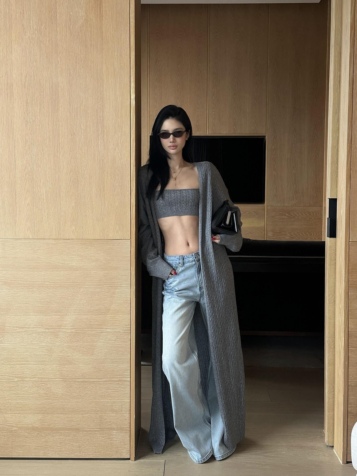 rovente Longline Gray Open Front Loose Knit Women's Wool Blend Cardigans
