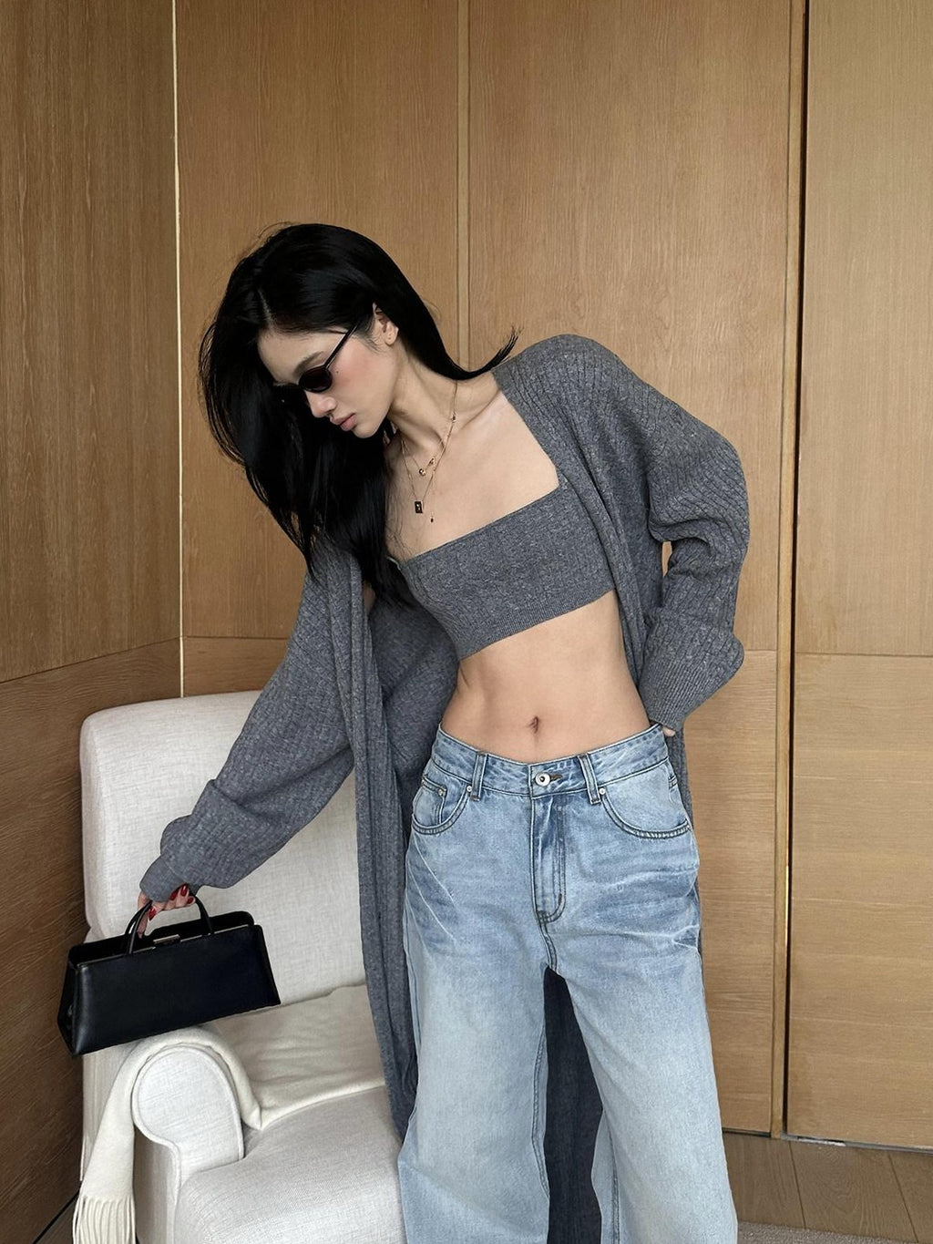rovente Longline Gray Open Front Loose Knit Women's Wool Blend Cardigans