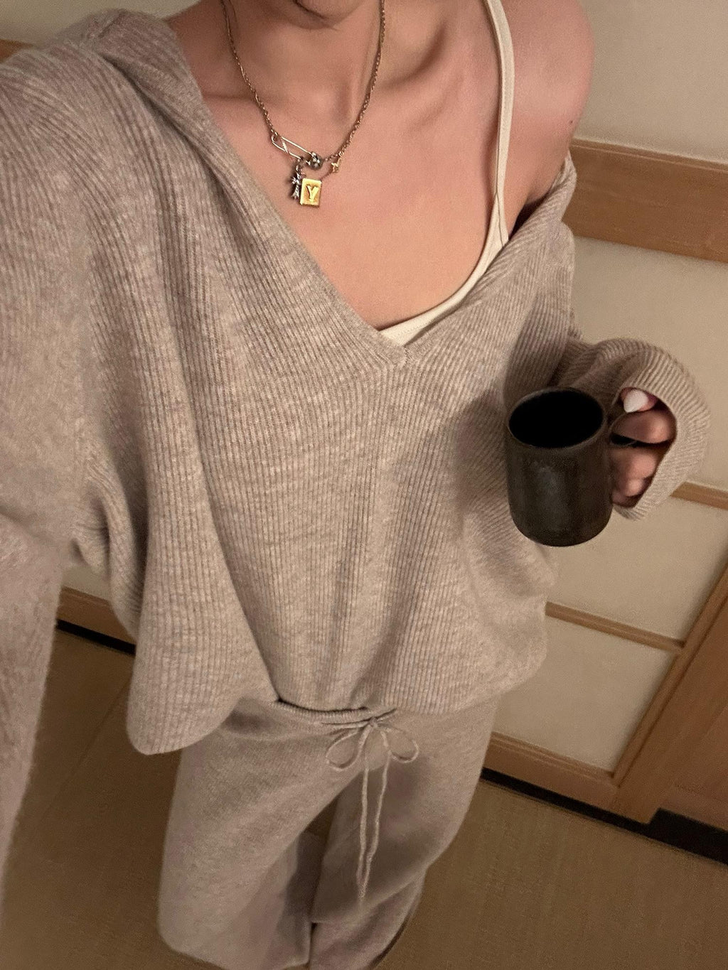 rovente Loose Hooded V-neck 100% Wool Knit Top & Pants Sets