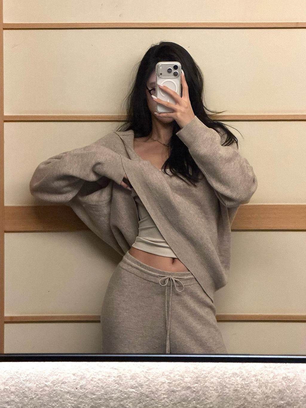 rovente Loose Hooded V-neck 100% Wool Knit Top & Pants Sets