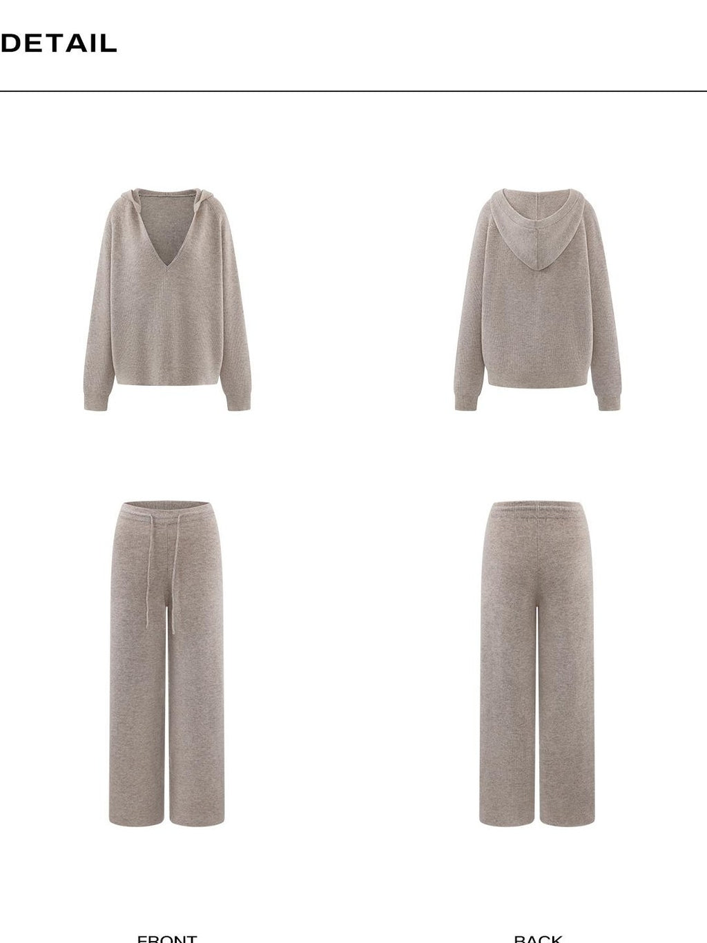 rovente Loose Hooded V-neck 100% Wool Knit Top & Pants Sets