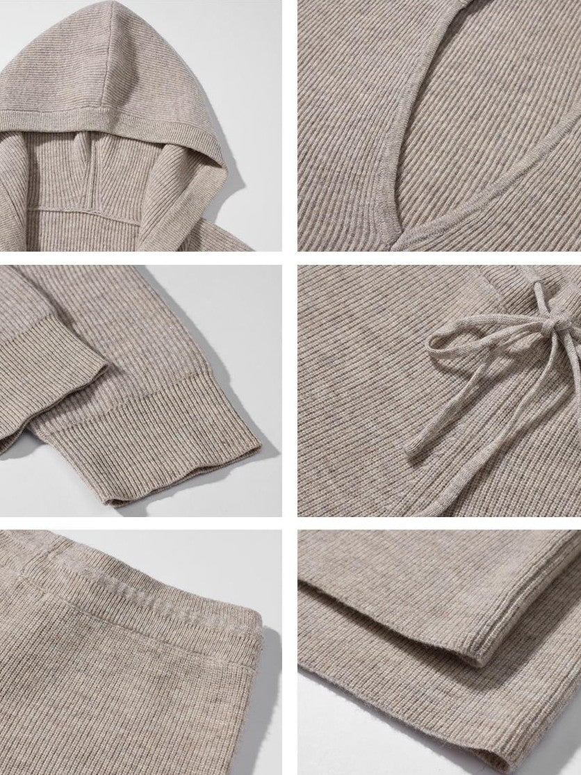 rovente Loose Hooded V-neck 100% Wool Knit Top & Pants Sets