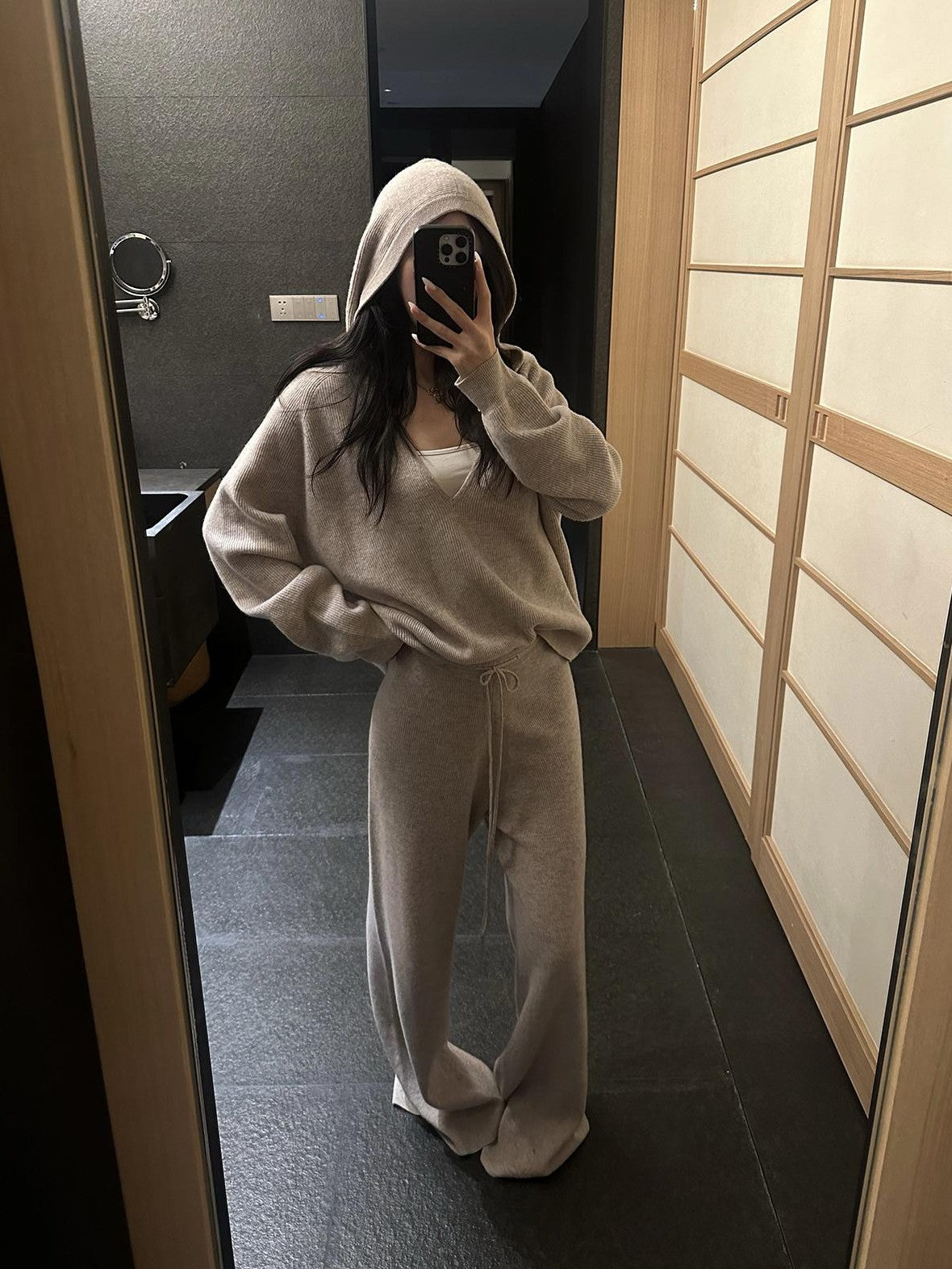 rovente Loose Hooded V-neck 100% Wool Knit Top & Pants Sets