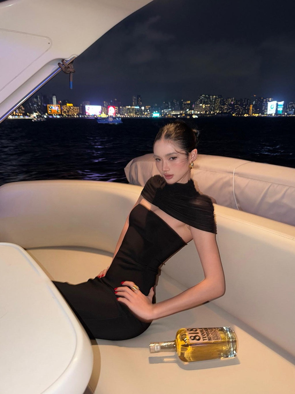 rovente Manhattan Night Black Shoulder Drape Waist Cinching Women's Bodycon Maxi Dresses