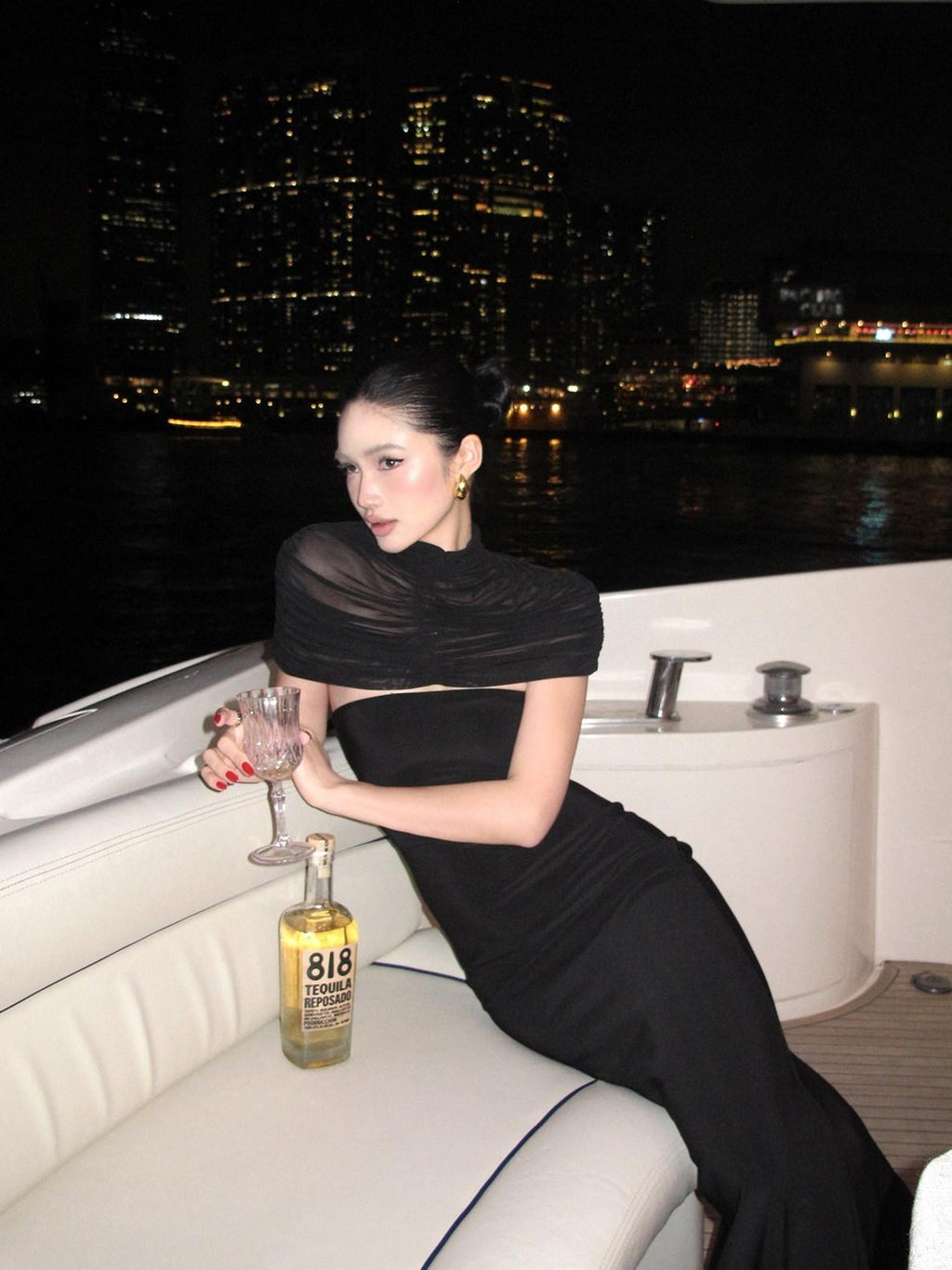 rovente Manhattan Night Black Shoulder Drape Waist Cinching Women's Bodycon Maxi Dresses