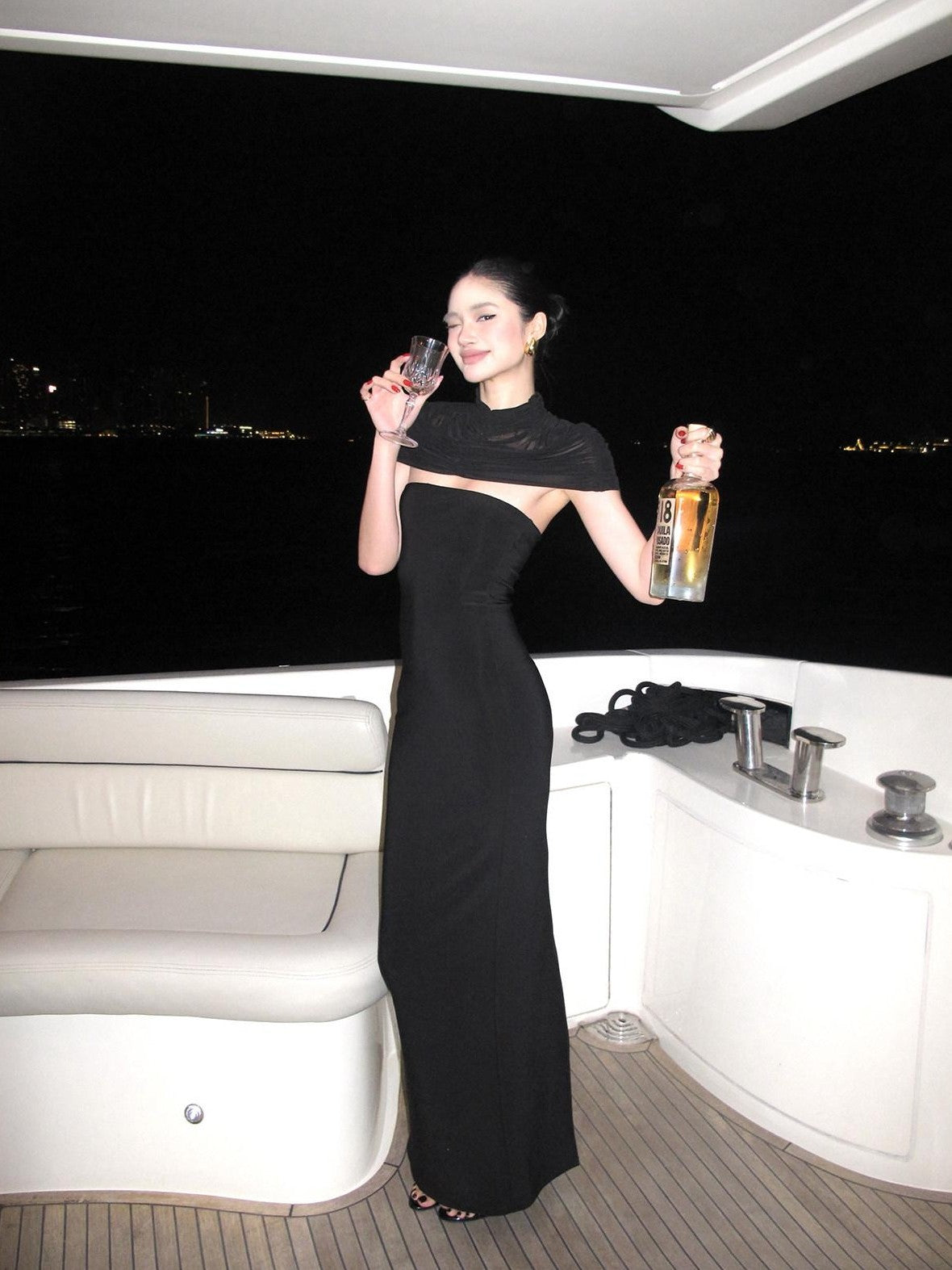 rovente Manhattan Night Black Shoulder Drape Waist Cinching Women's Bodycon Maxi Dresses